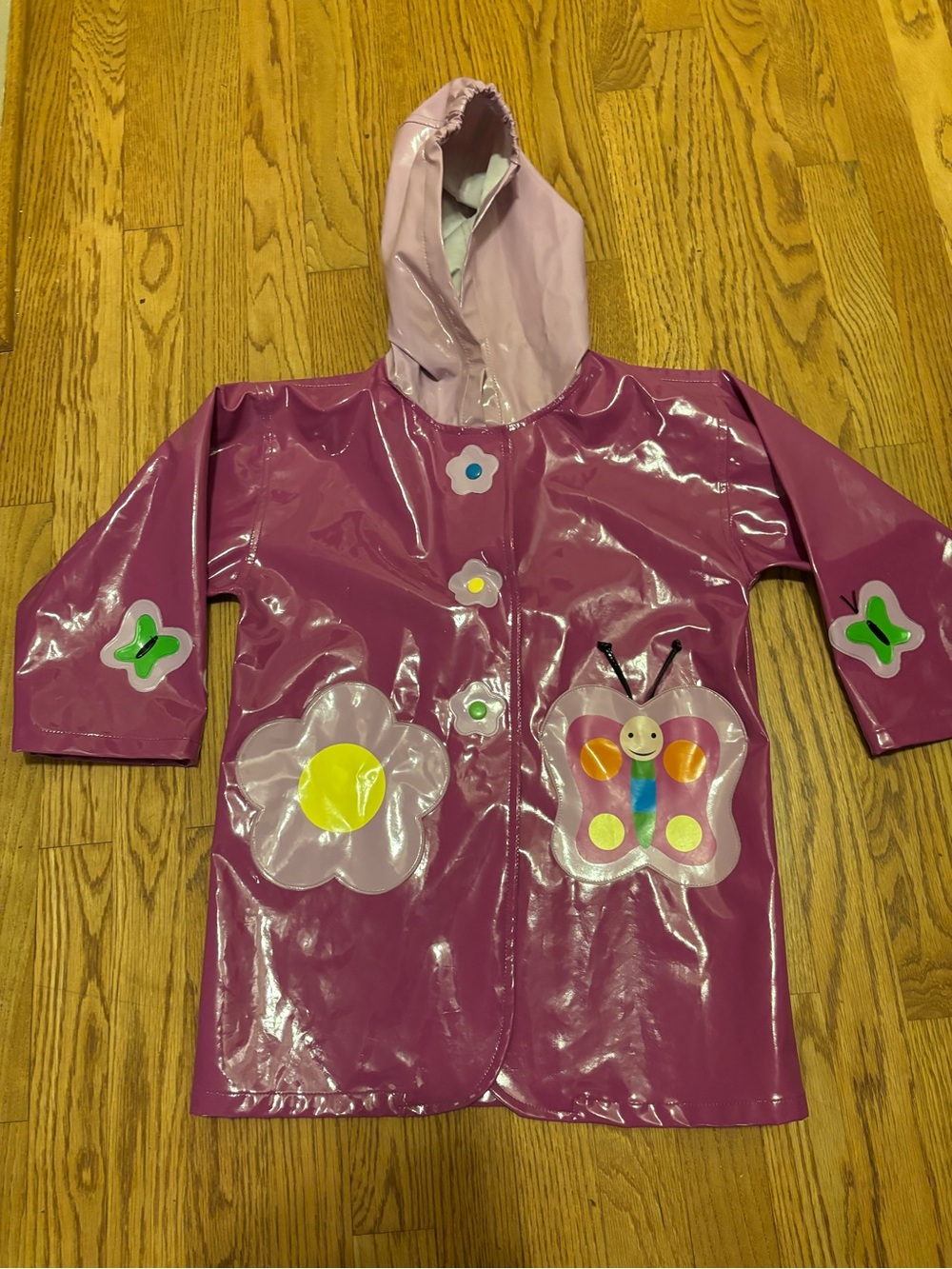 Kidorable Girls Purple Hooded Snap Rain Coat Butterfly Flower PVC Size 5/6 Mid